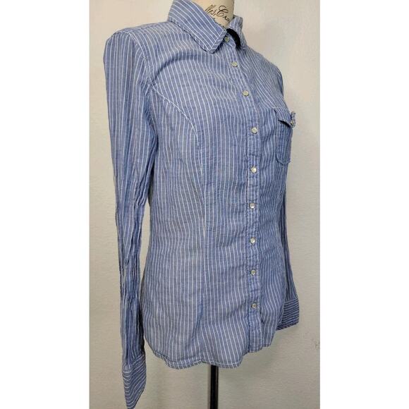 Guess Los Angeles Shirt Womens SZ M Blue White Striped Long sleeve Snap Pocket - Picture 4 of 13